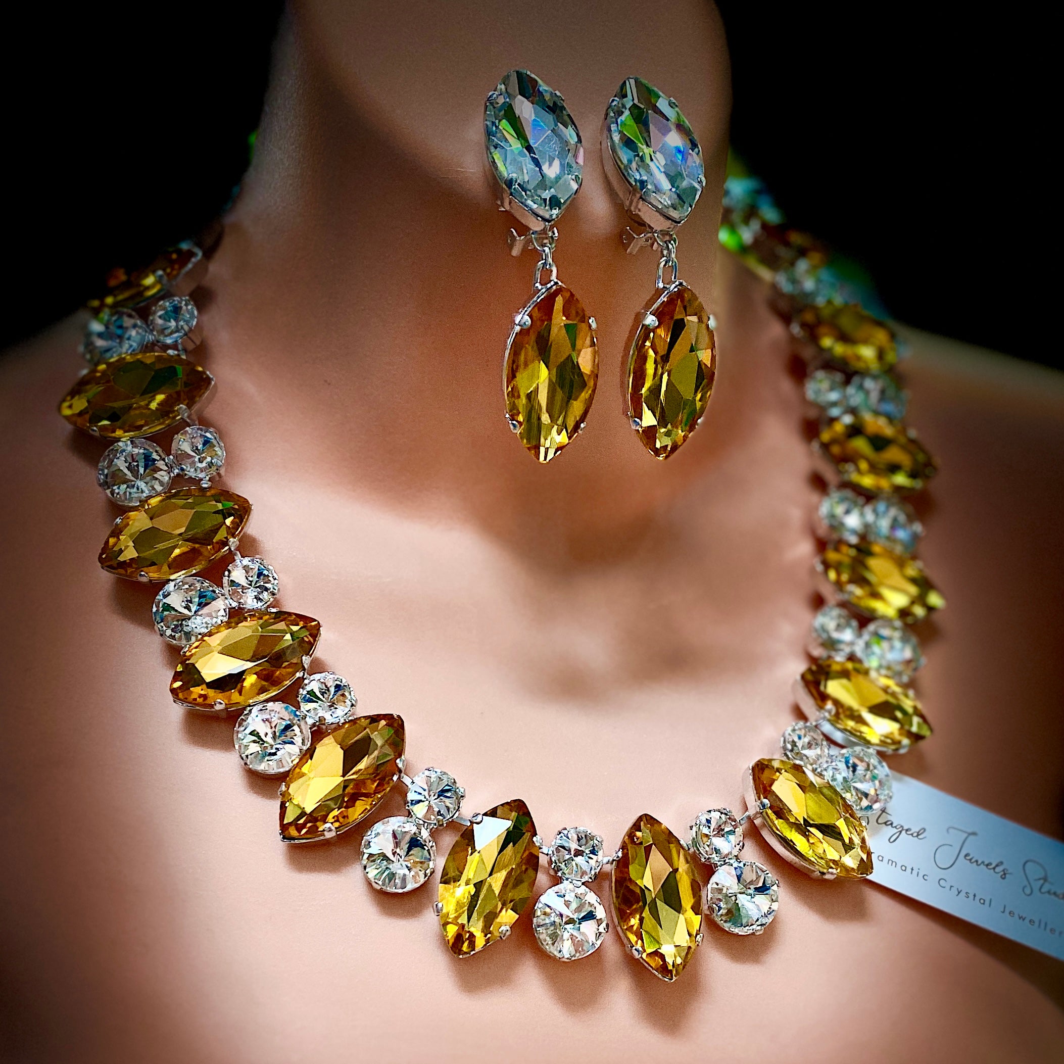 Hollywood Golden Yellow Plunging Crystal Necklace Set