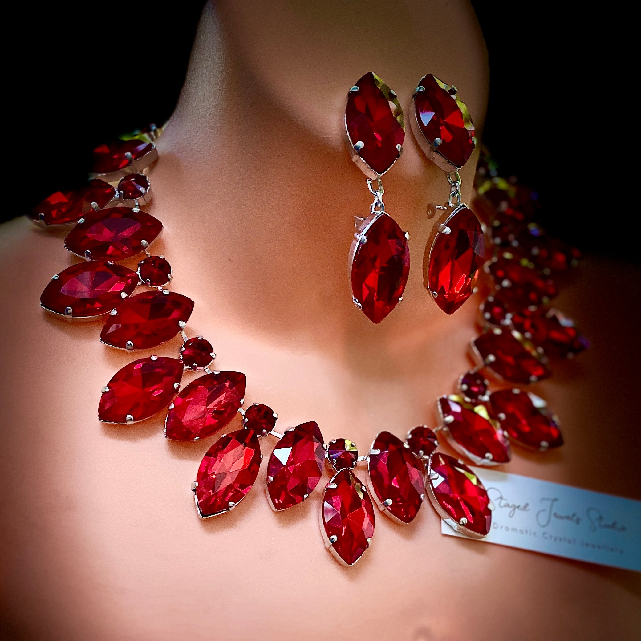 Ruby Red Crystal Necklace Set With Earrings