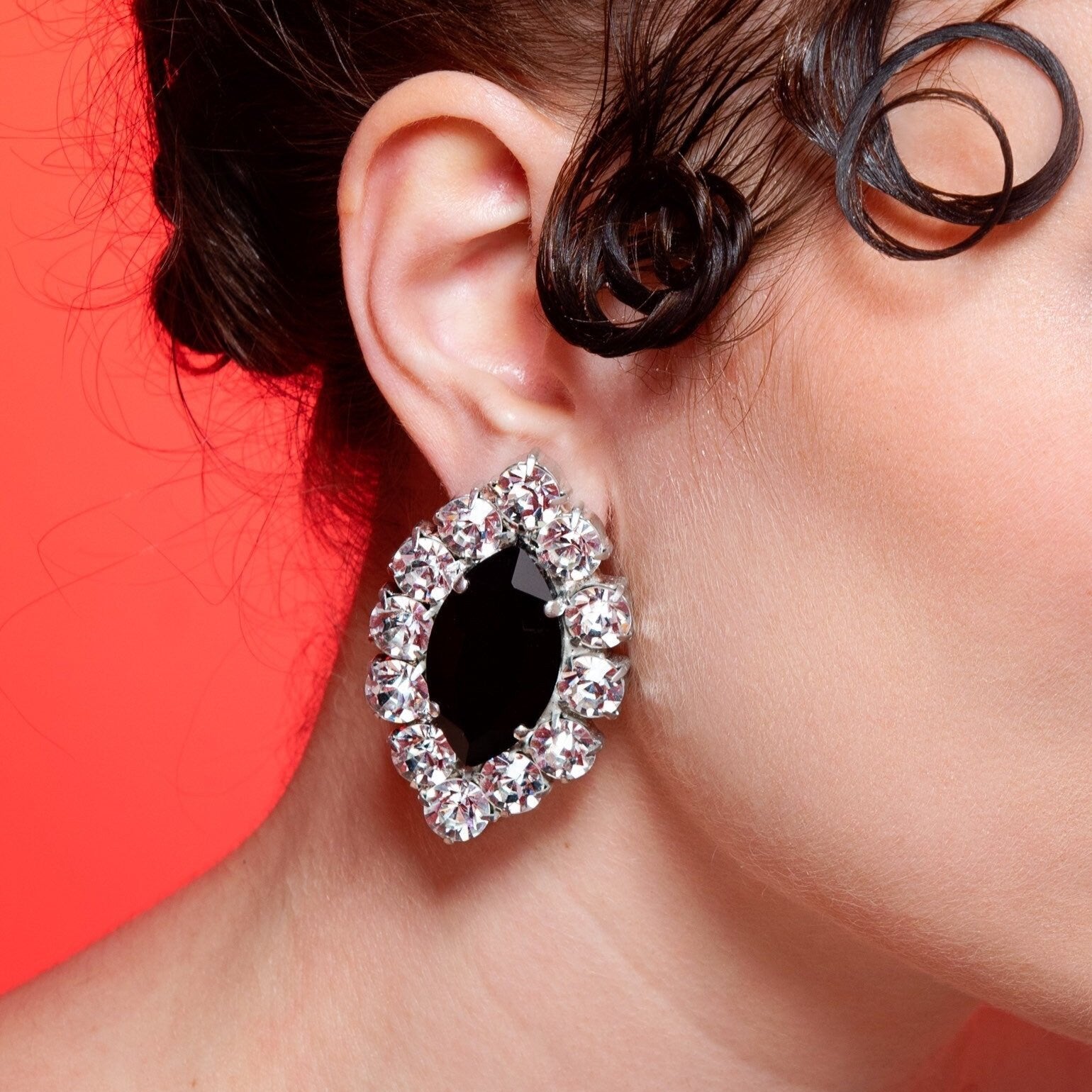 Jet Black & Clear Marquis Button Earrings With Austrian Crystal