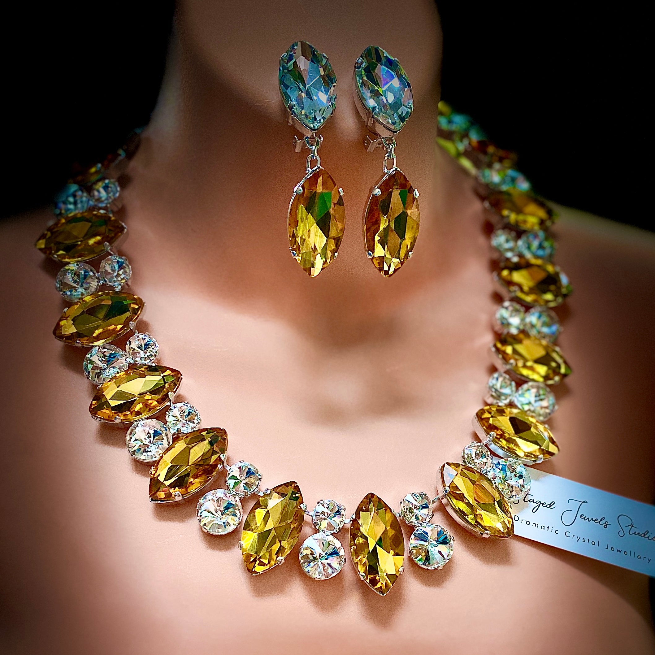 Hollywood Golden Yellow Plunging Crystal Necklace Set