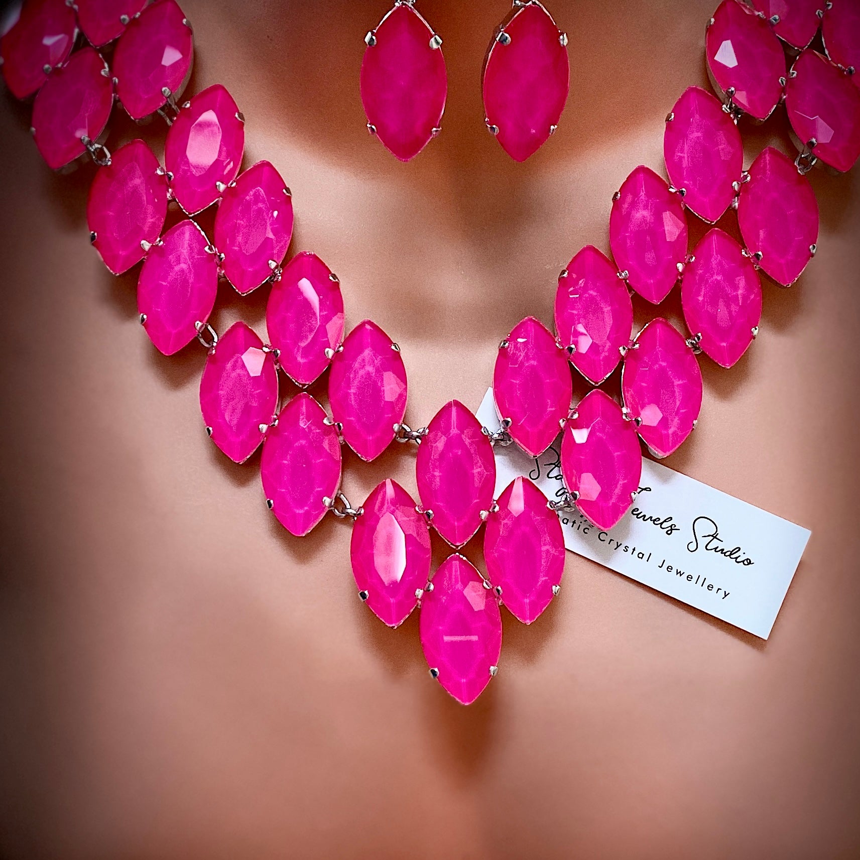 Neon Pink Oversized Crystal Statement Necklace Set