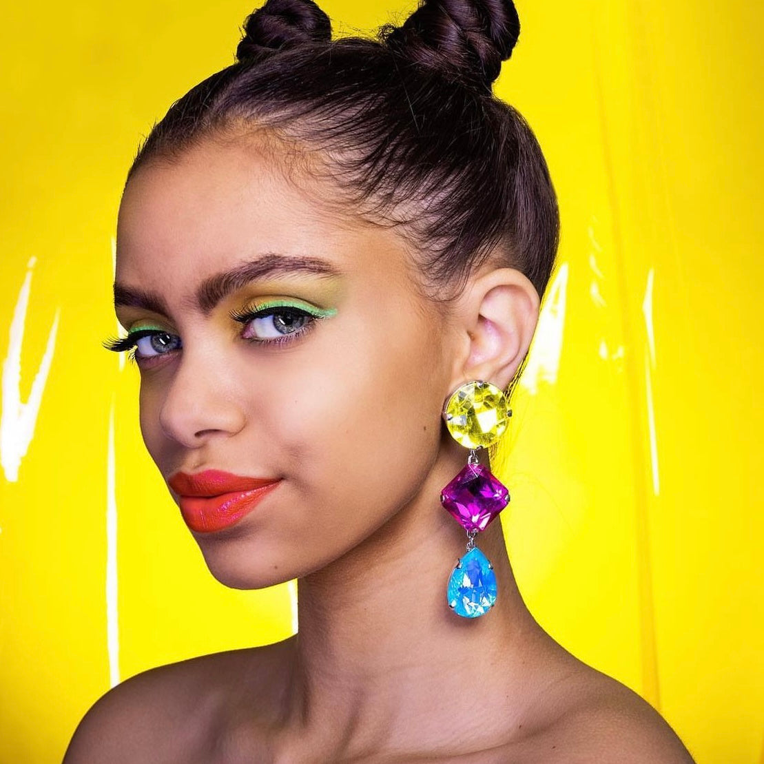 Vibrant Yellow Blue Pink Statement Earrings With Austrian Crystal