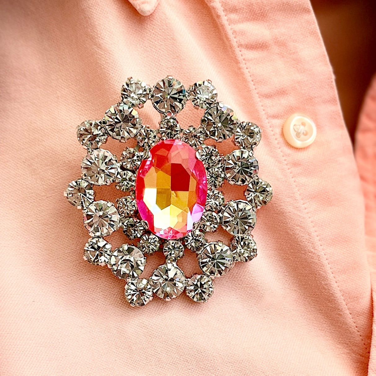 Statement Coral Motif Brooch With Austrian Yellow Crystal & Silver Plate