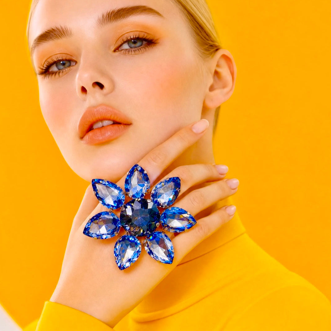 Ocean Blue Crystal Dress Ring With Adjustable Band