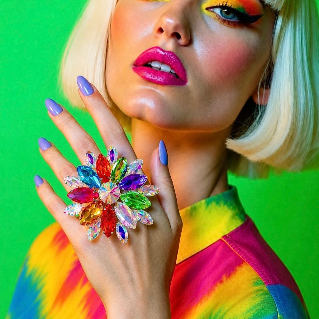 Drag Queen Rainbow Crystal Ring With Adjustable Band