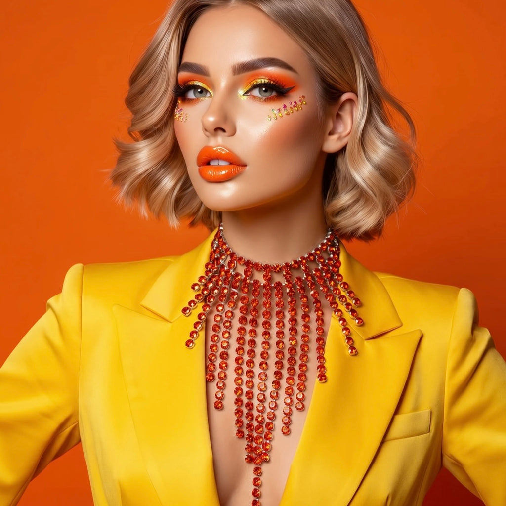 Orange Faux Diamond Austrian Crystal Waterfall Necklace