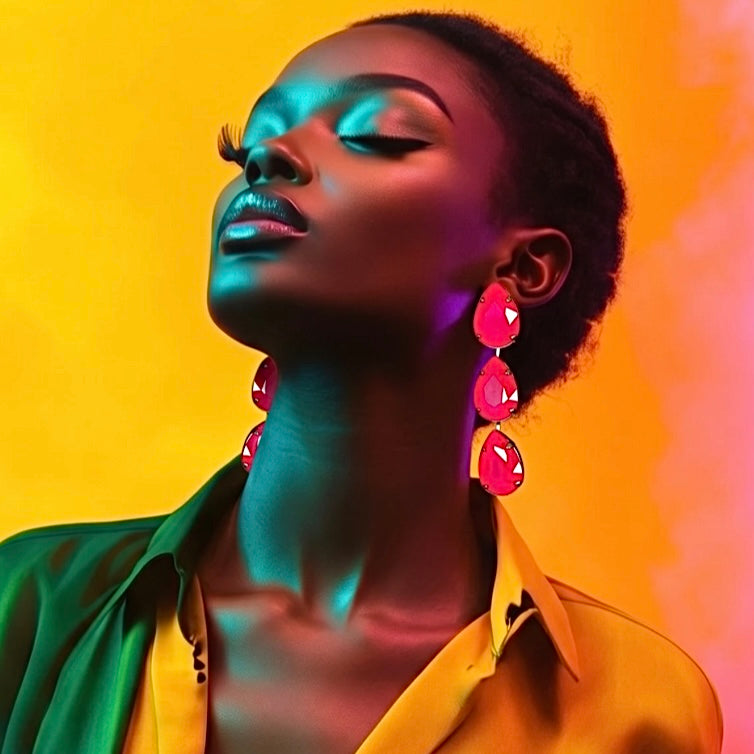 Neon Pink Large Multi-Teardrop Earrings With Austrian Crystal