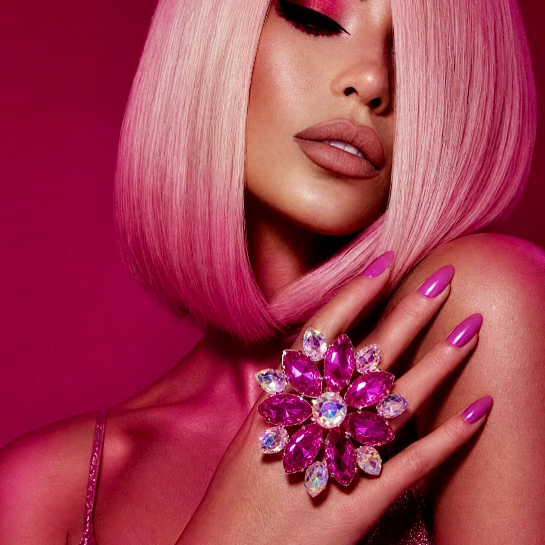 Fuschia Pink Giant Flower Cocktail Ring