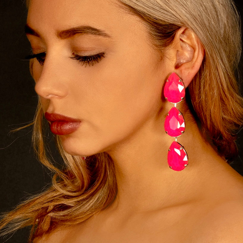 Neon Pink Large Multi-Teardrop Earrings With Austrian Crystal