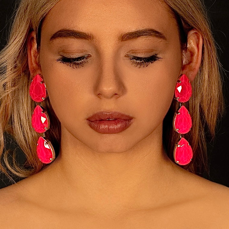 Neon Pink Large Multi-Teardrop Earrings With Austrian Crystal