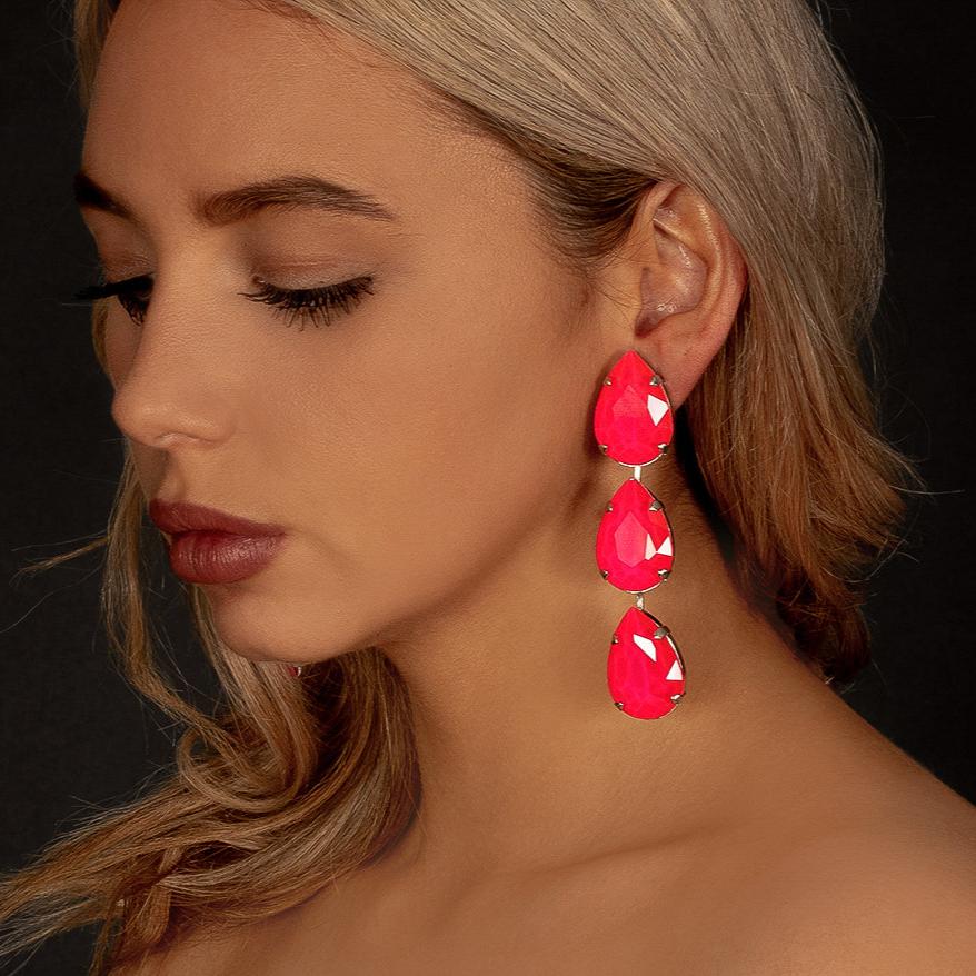 Neon Pink Large Multi-Teardrop Earrings With Austrian Crystal