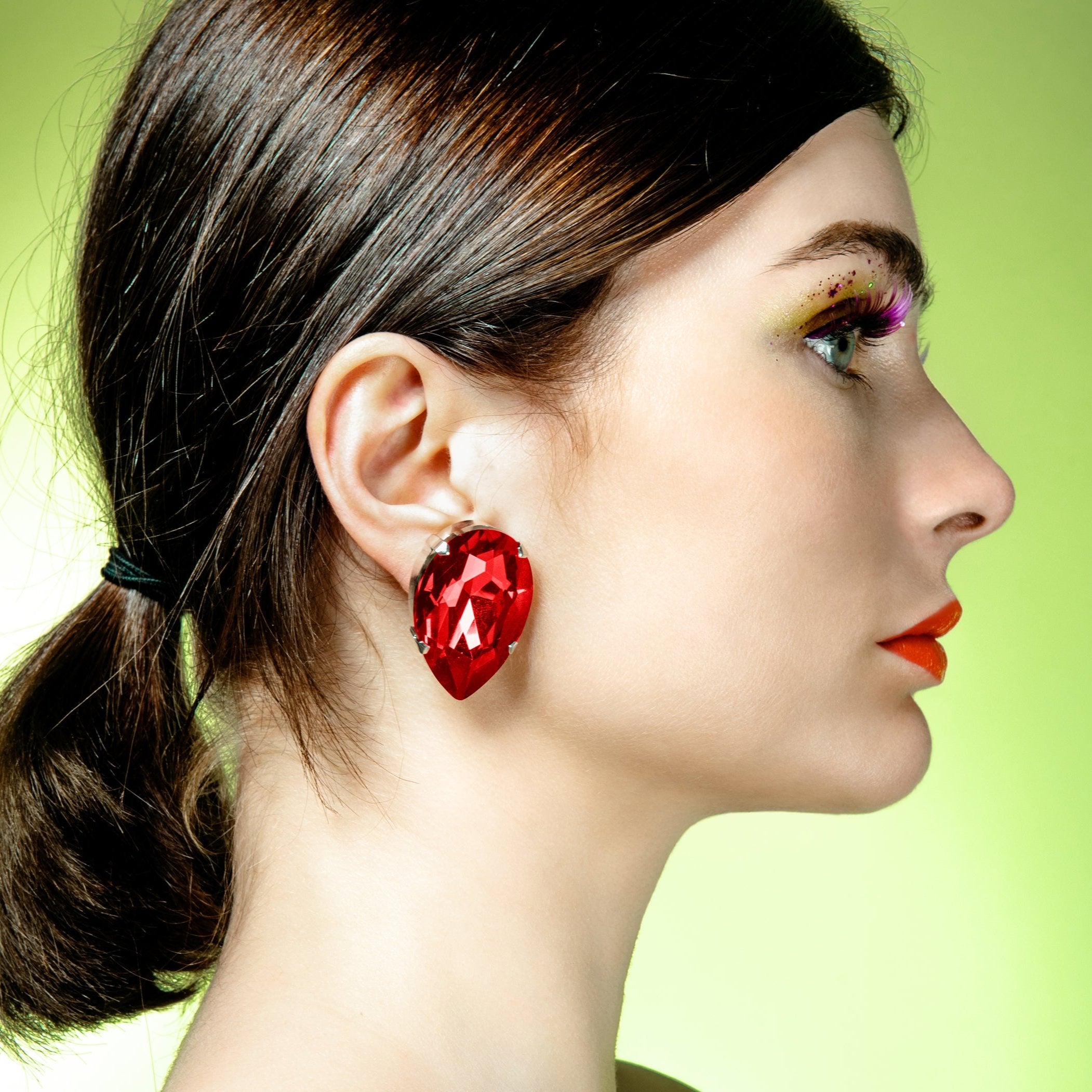 Faux Diamond Statement Red Tear Earrings with Colourless Austrian Crystal