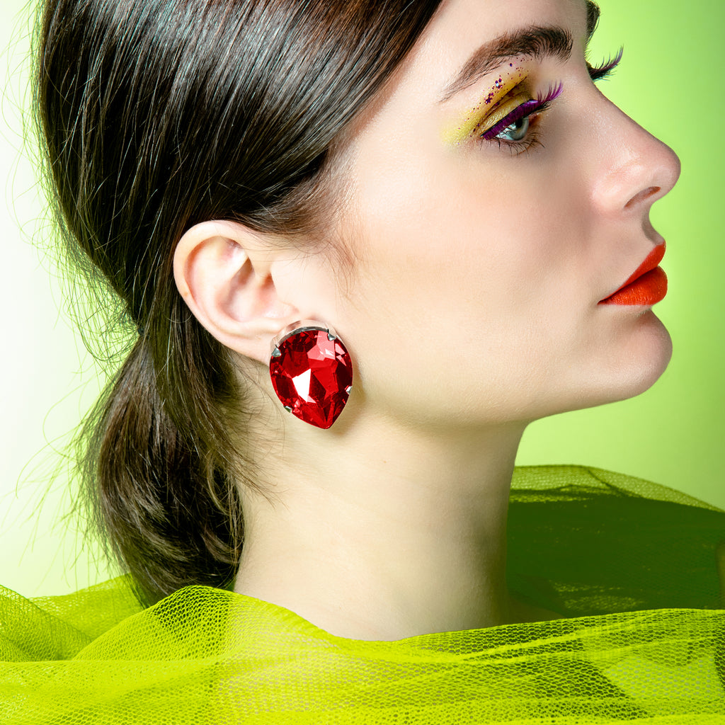 Faux Diamond Statement Red Tear Earrings