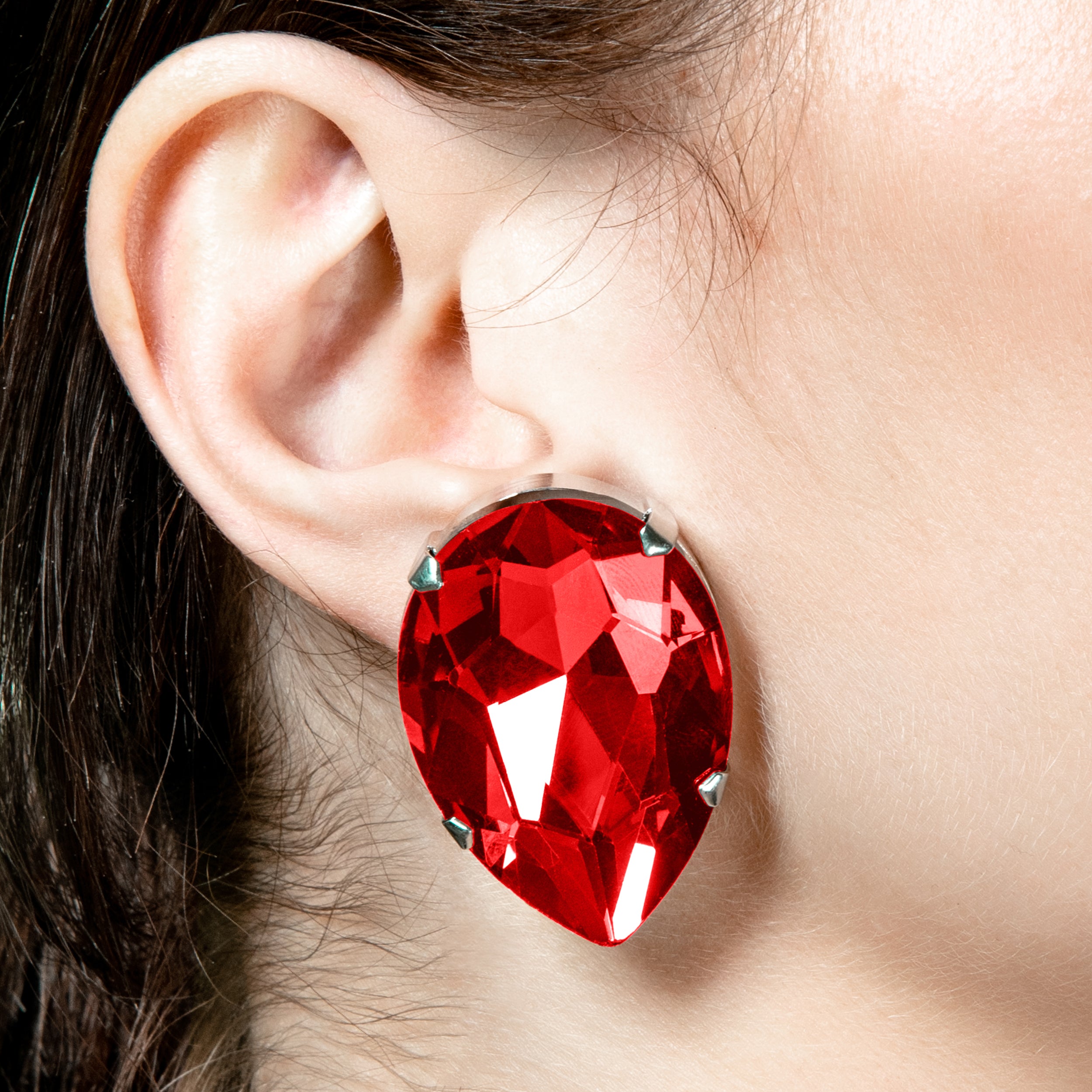 Faux Diamond Statement Red Tear Earrings with Colourless Austrian Crystal