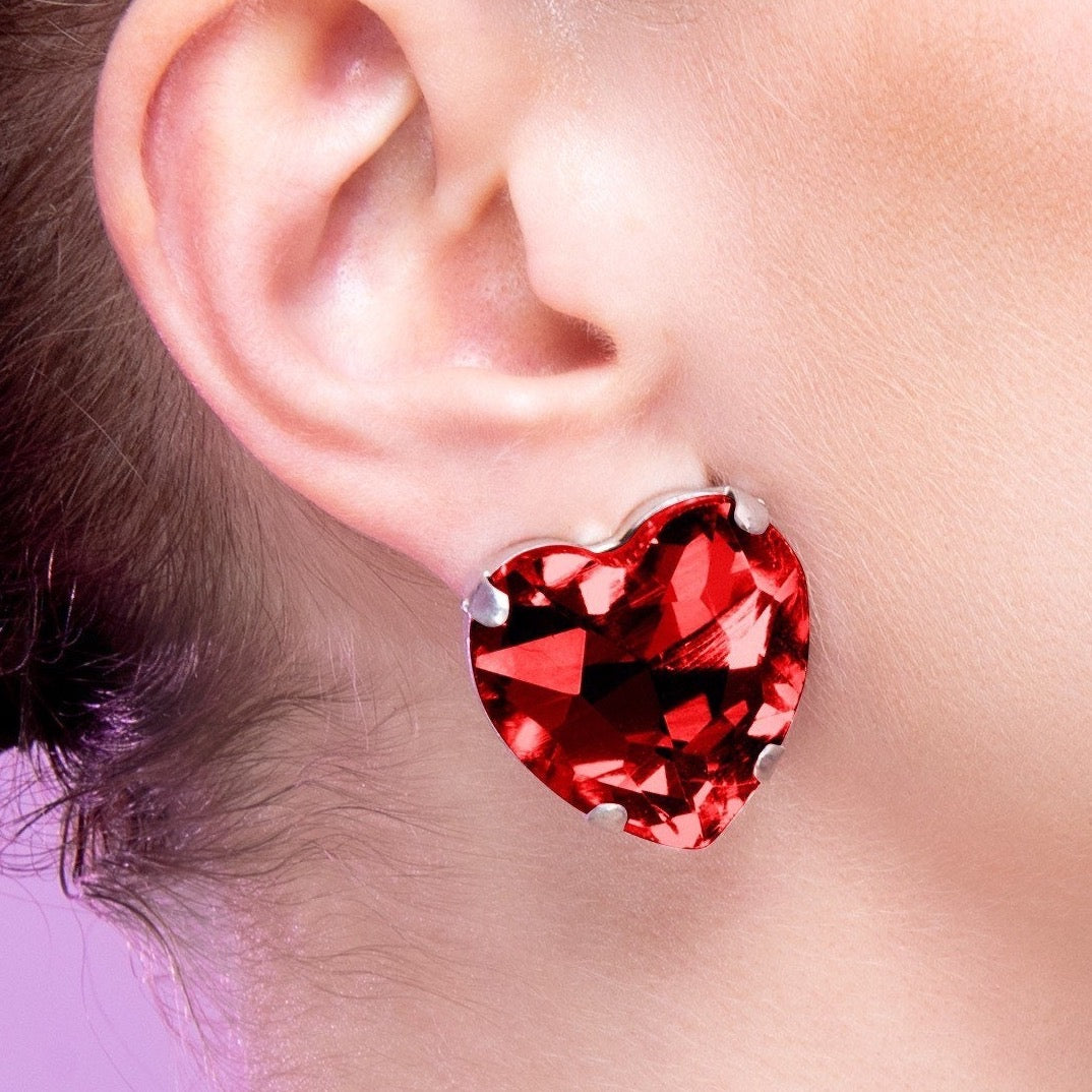 Ruby Red Love Heart Stud Earrings With Austrian Crystal