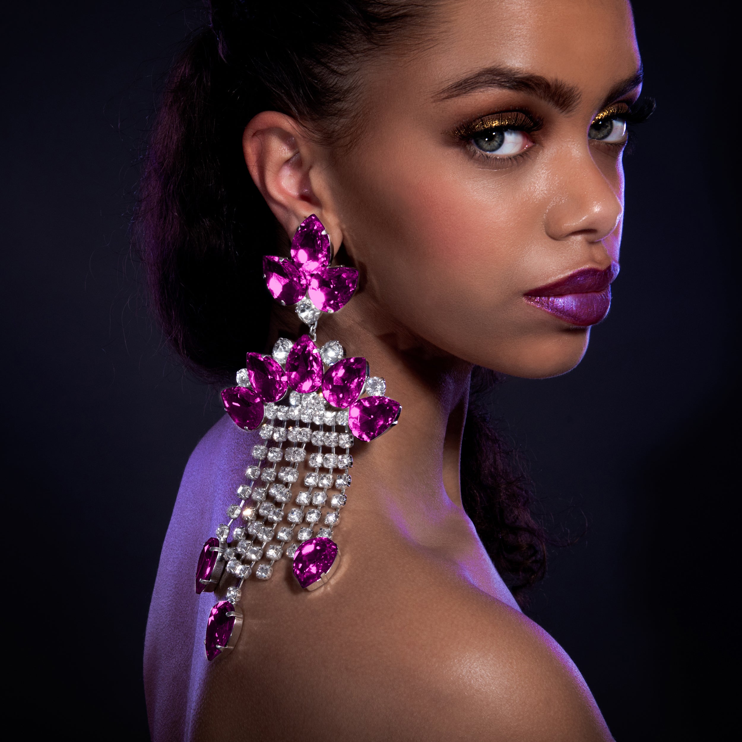 Hot Pink Chandelier Waterfall Earrings With Austrian Crystal