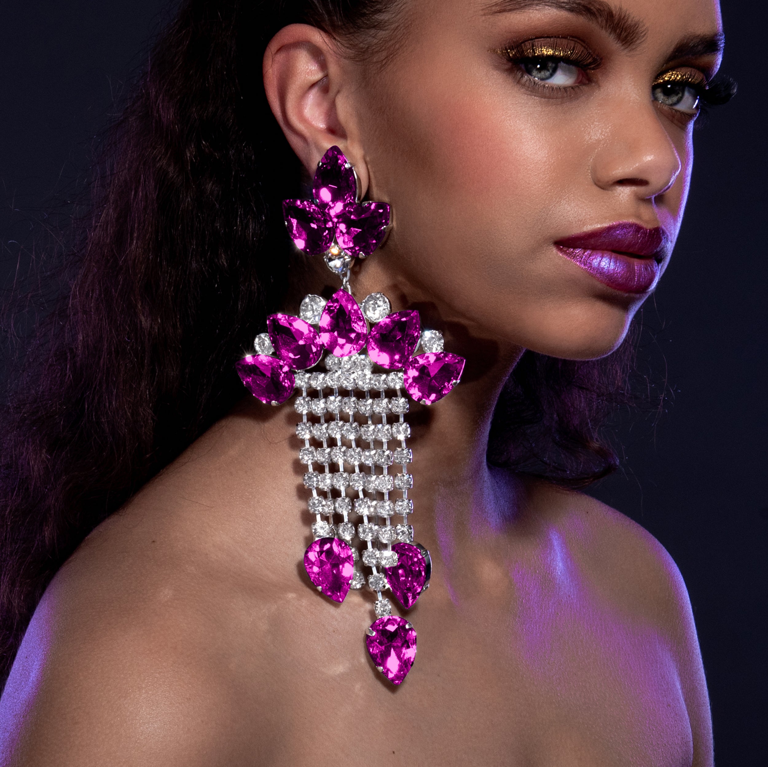 Hot Pink Chandelier Waterfall Earrings With Austrian Crystal