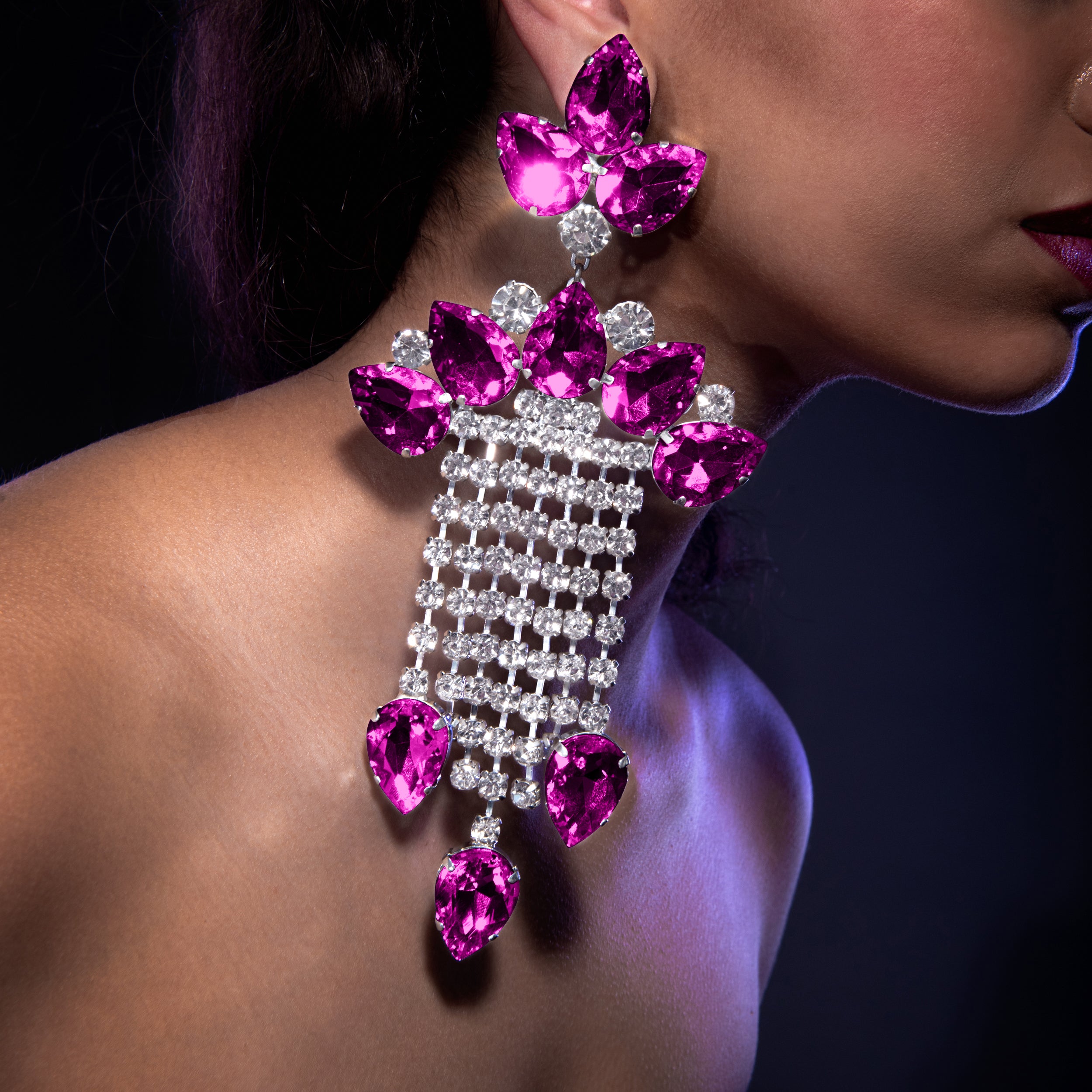 Hot Pink Chandelier Waterfall Earrings With Austrian Crystal