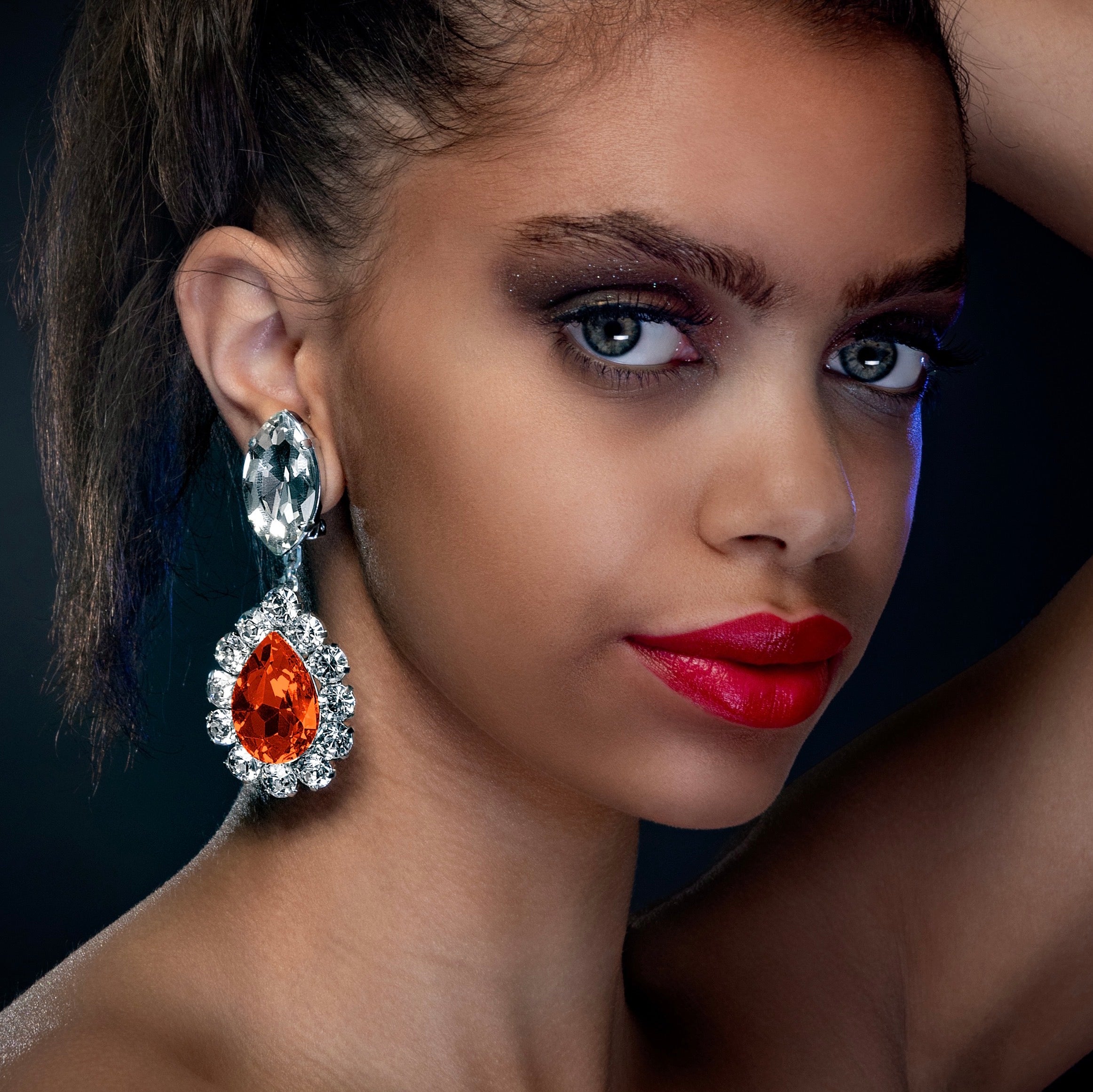 Fireopal Orange Teardrop Statement Earrings with Austrian Crystal