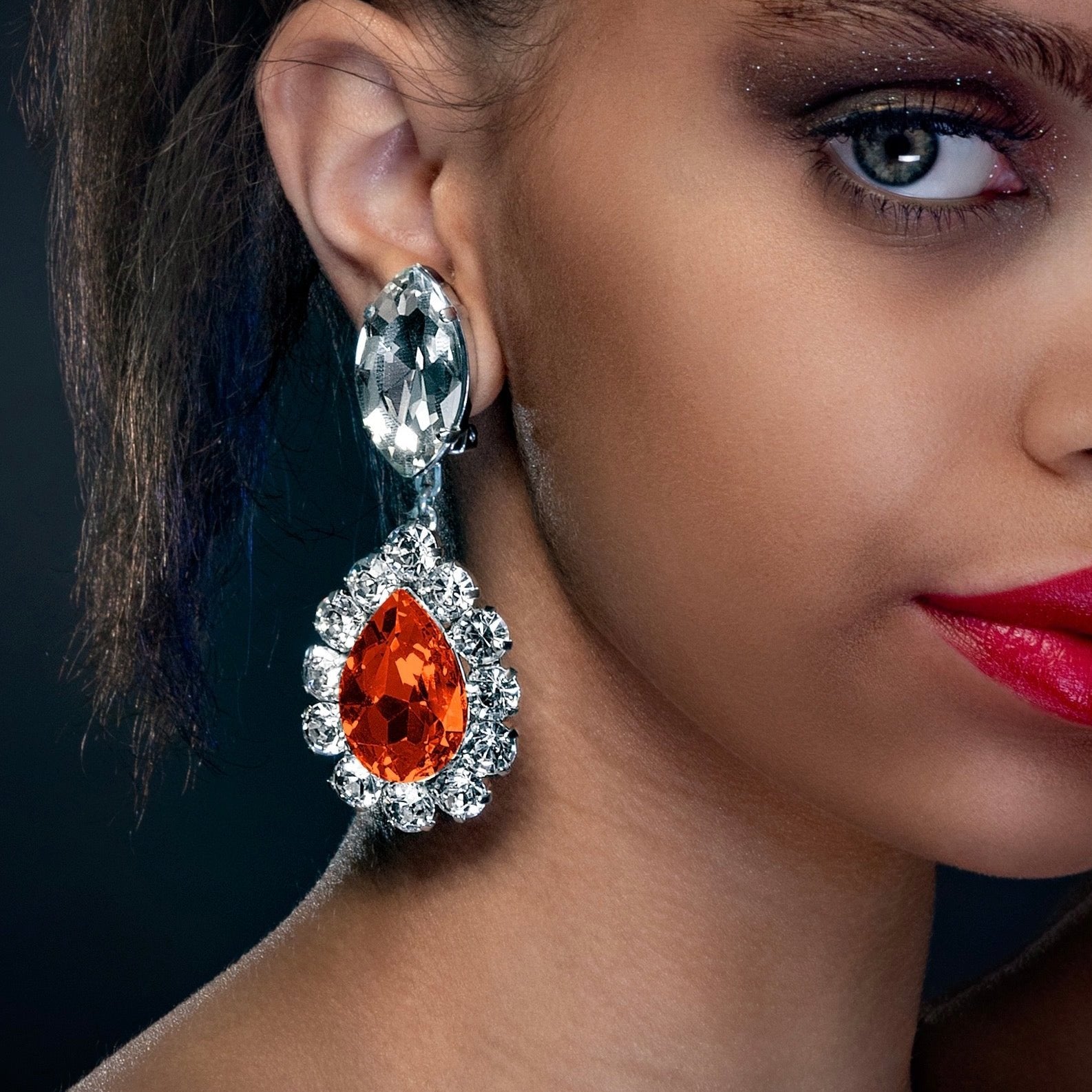 Fireopal Orange Teardrop Statement Earrings with Austrian Crystal