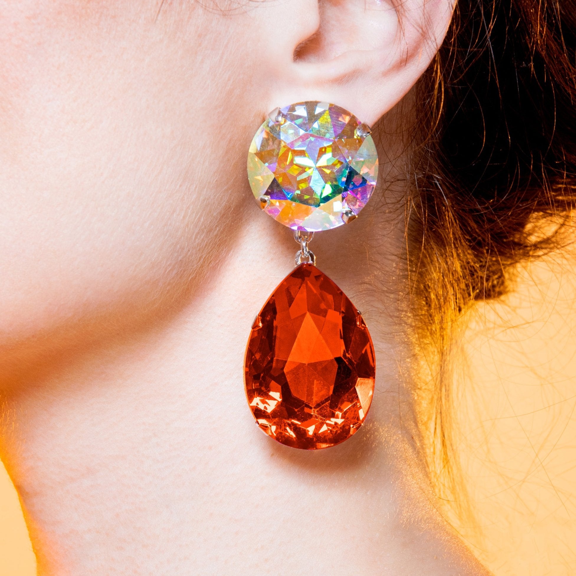 Firey Orange Suspended Tear Earrings With Austrian Crystal