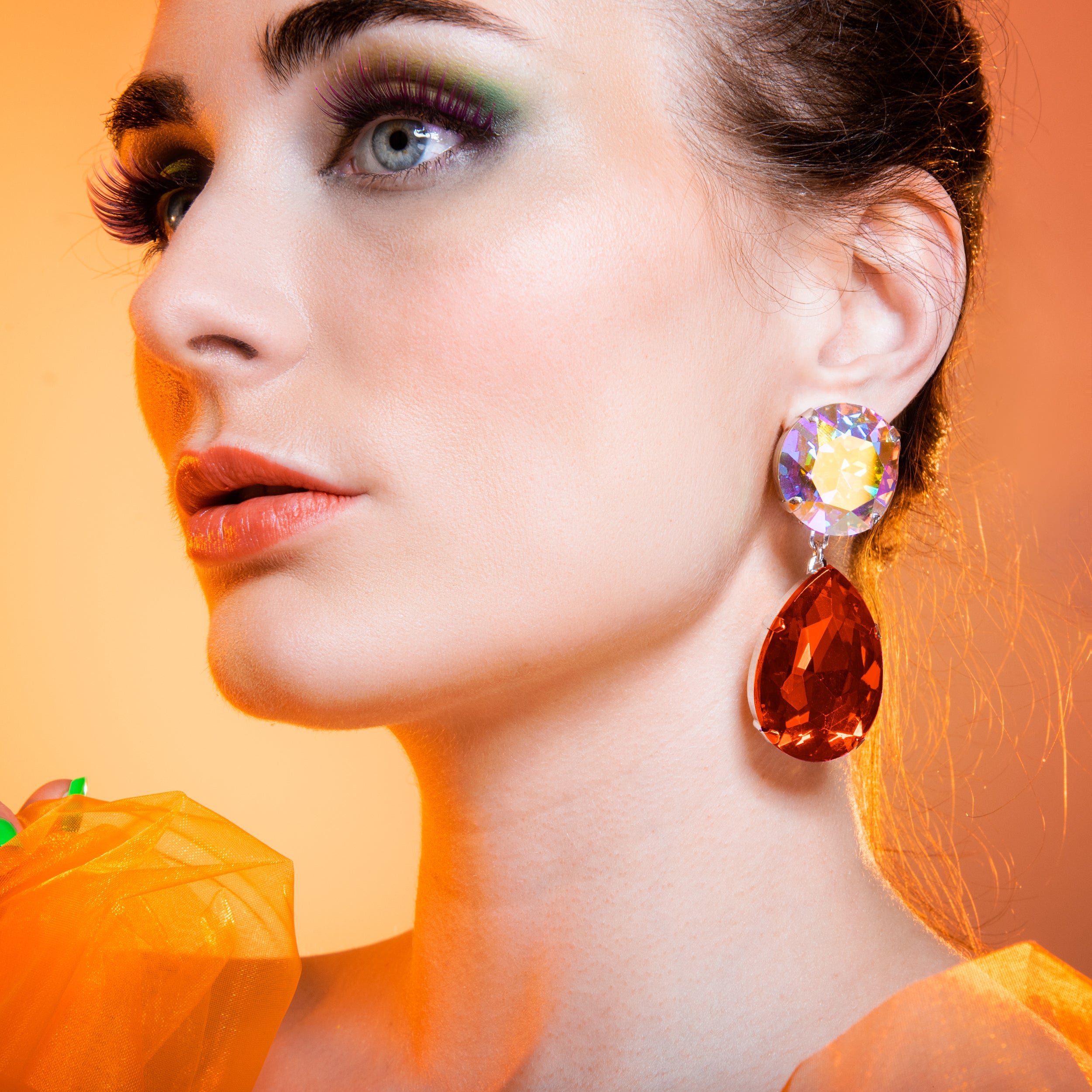 Firey Orange Suspended Tear Earrings With Austrian Crystal