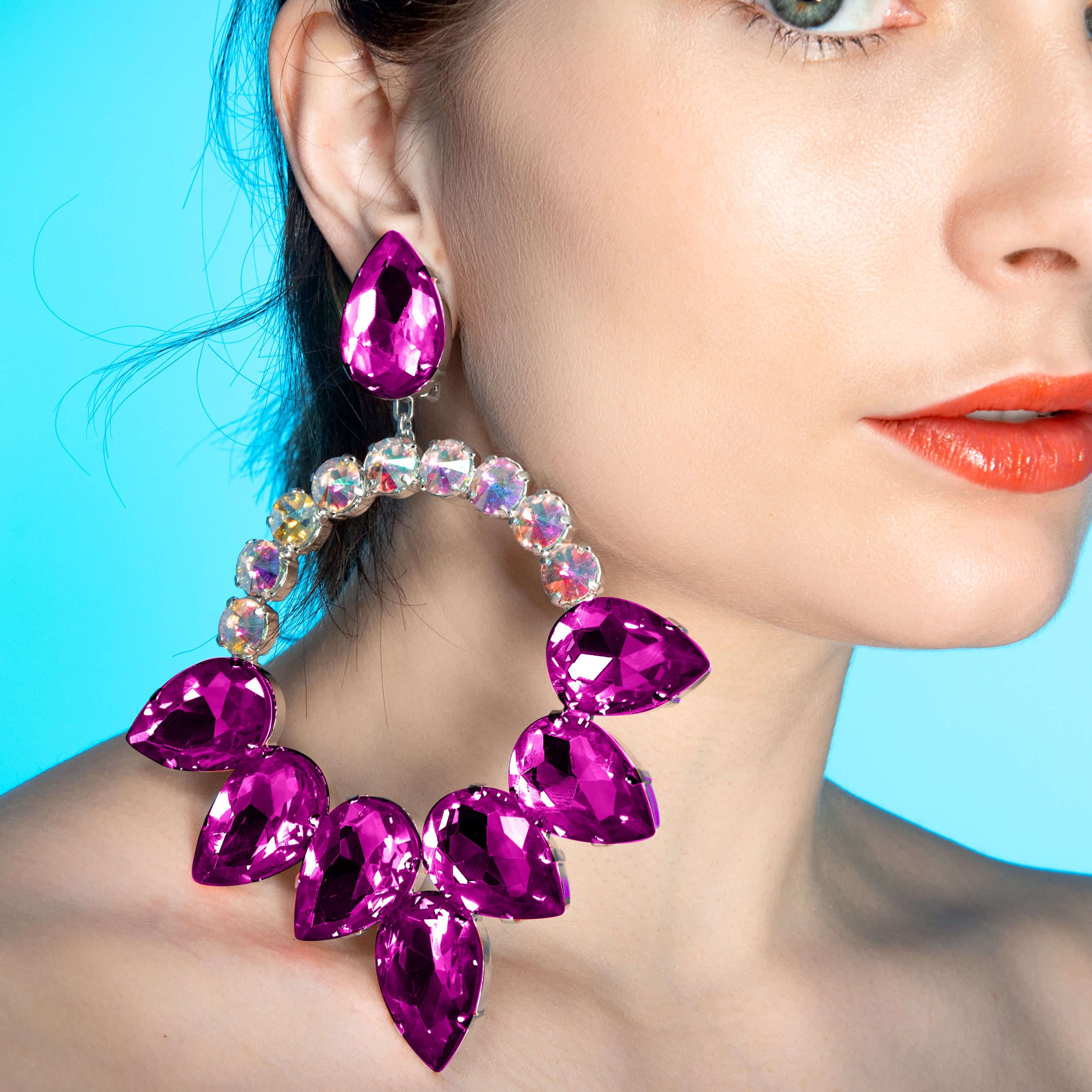 Hot Pink Statement Hoop Earrings with Austrian Crystal