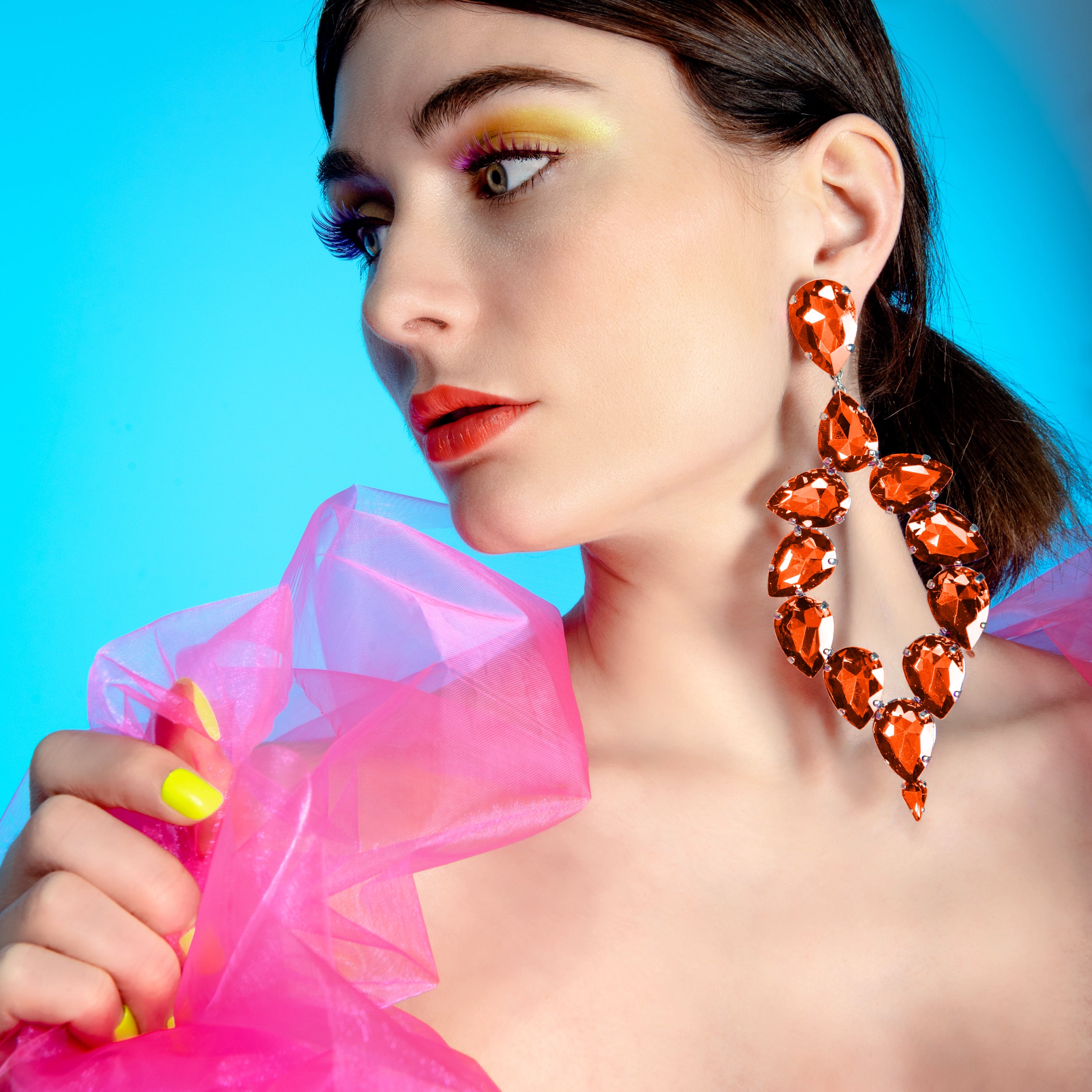 Dramatic Fireopal Orange Dress Earrings With Austrian Crystal