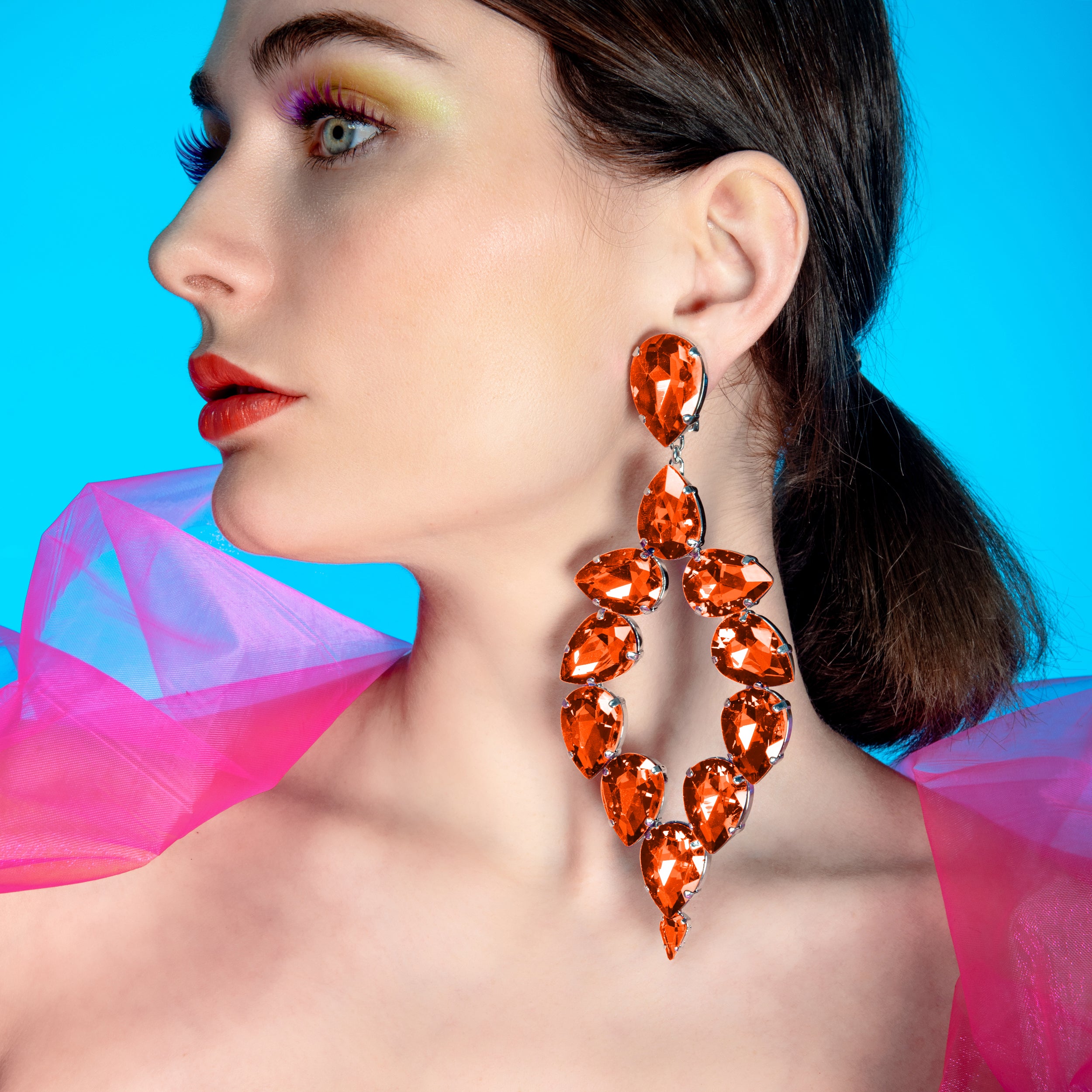 Dramatic Fireopal Orange Dress Earrings With Austrian Crystal