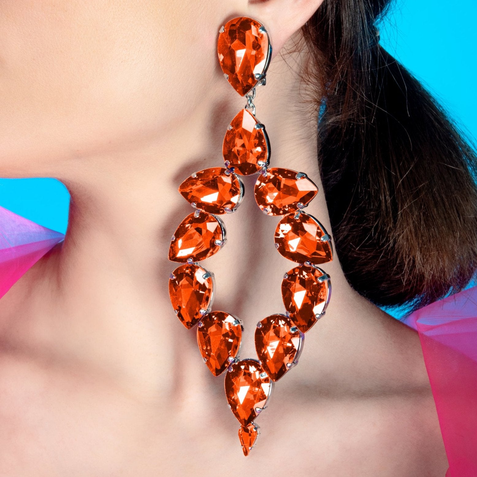 Dramatic Fireopal Orange Dress Earrings With Austrian Crystal