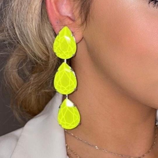 Neon Yellow Vibrant Teardrop Earrings With Austrian Crystal