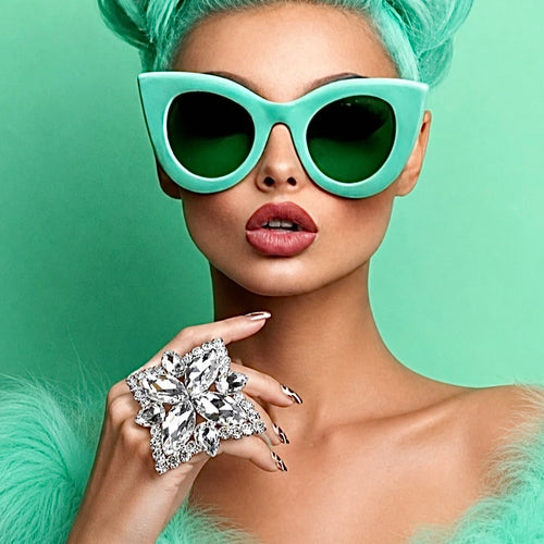 Woman wearing turquoise sunglasses and a large diamond ring against a green background