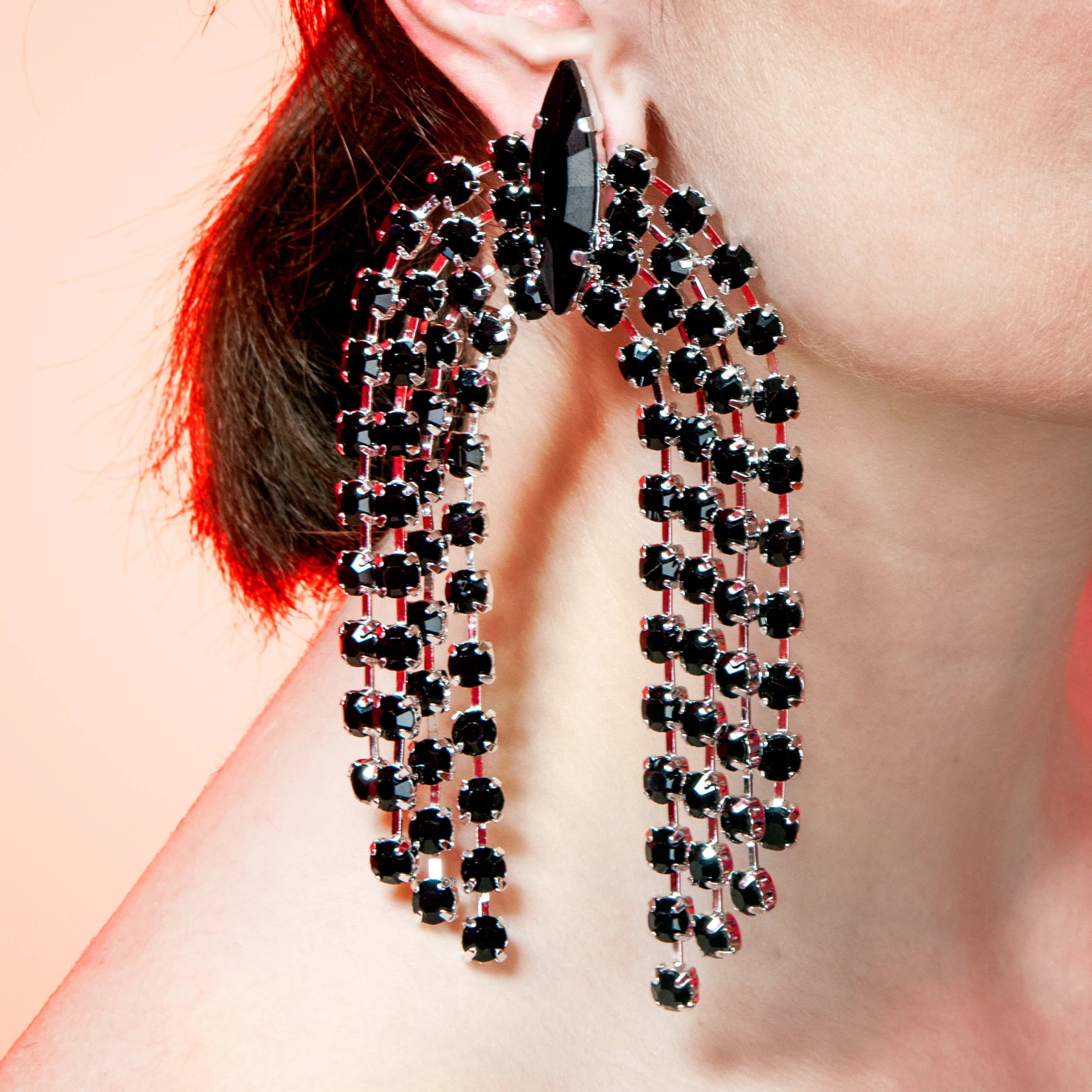 Midnight Black Waterfall Earrings With Austrian Crystal