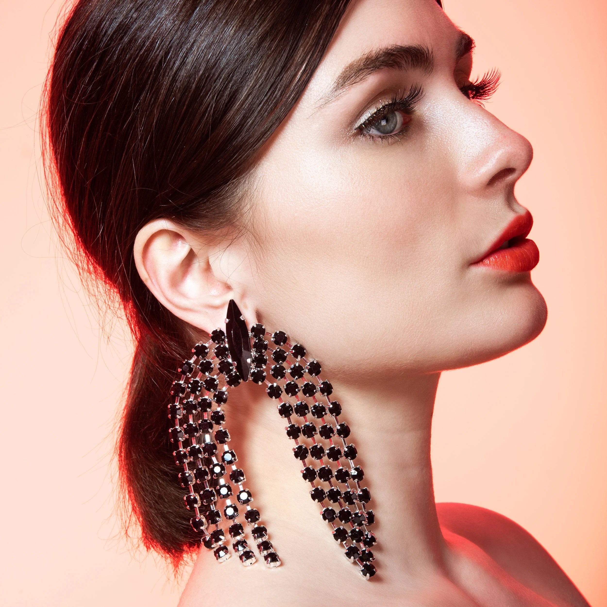 Midnight Black Waterfall Earrings With Austrian Crystal