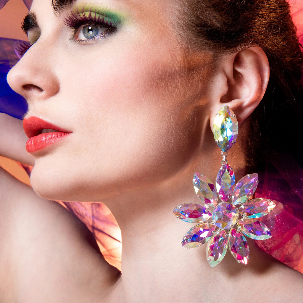 Aurora Borealis Rainbow Flower Earrings With Austrian Crystal