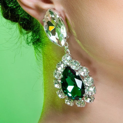 Emerald green crystal drop earrings by Staged Jewels
