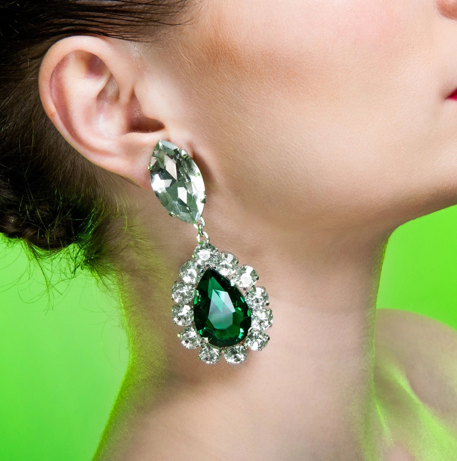 Emerald Green Statement Drop Earrings With Austrian Crystal