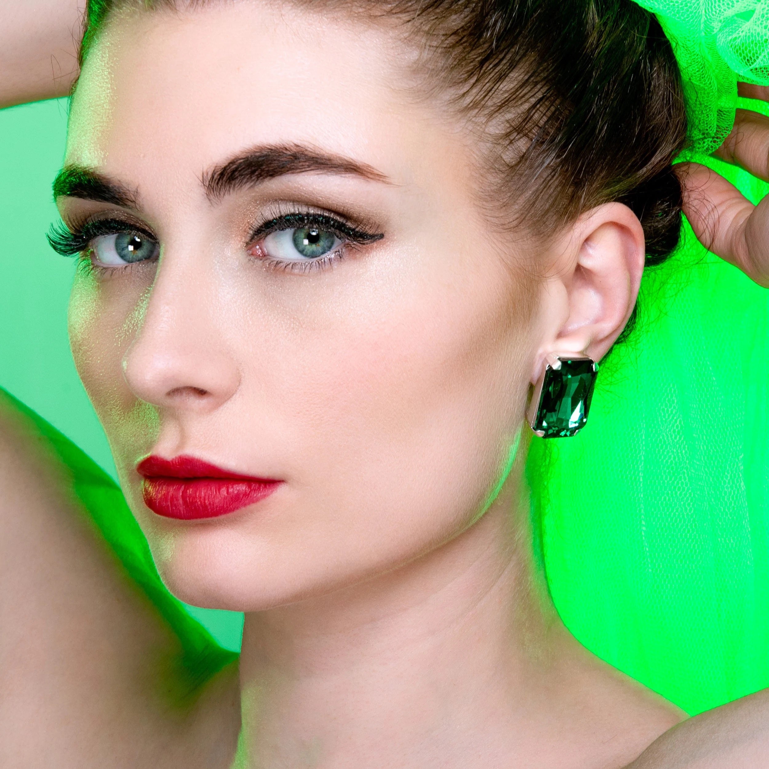 Emerald Green Octagon Stud Earrings 27mm with Austrian Crystal