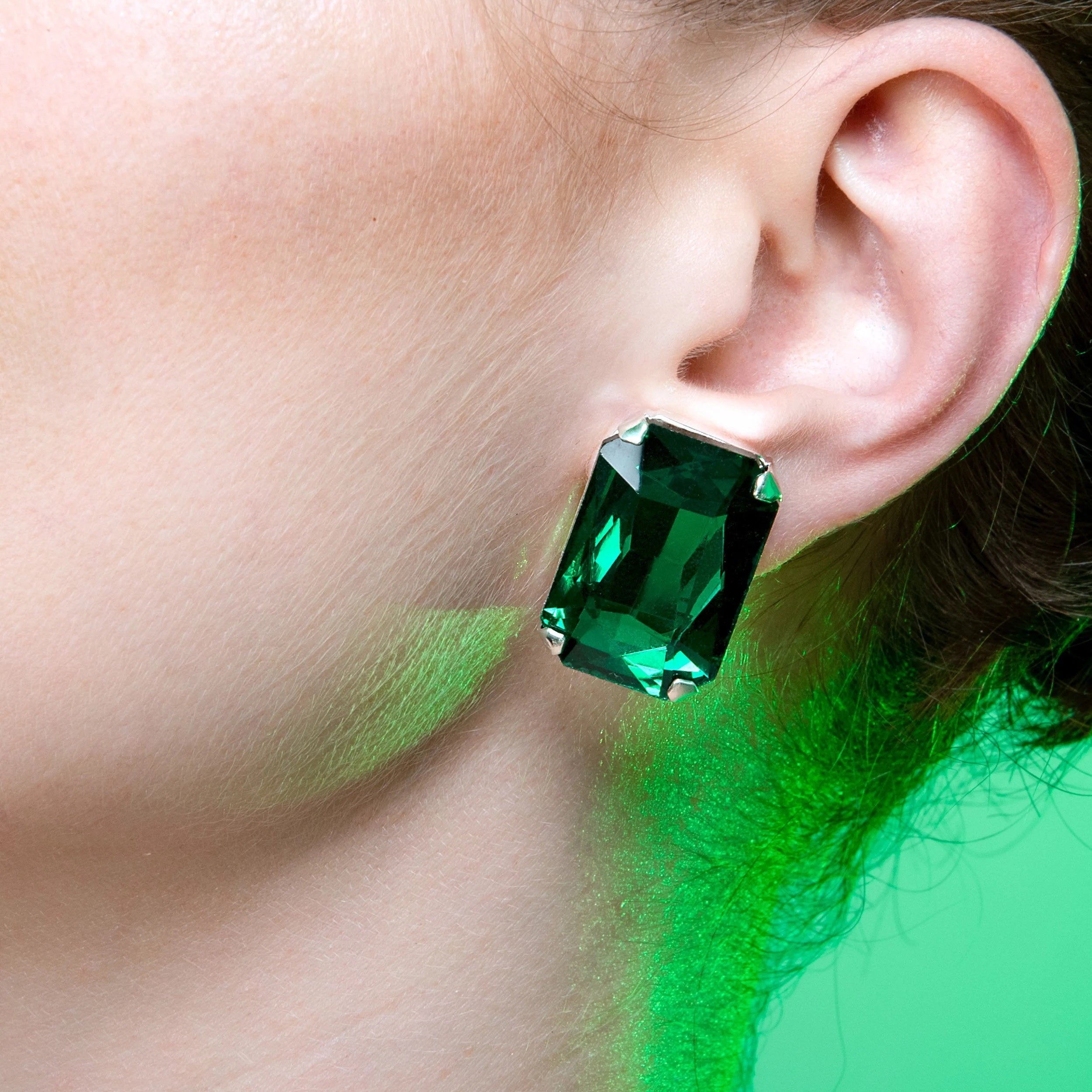 Emerald Green Octagon Stud Earrings 27mm with Austrian Crystal