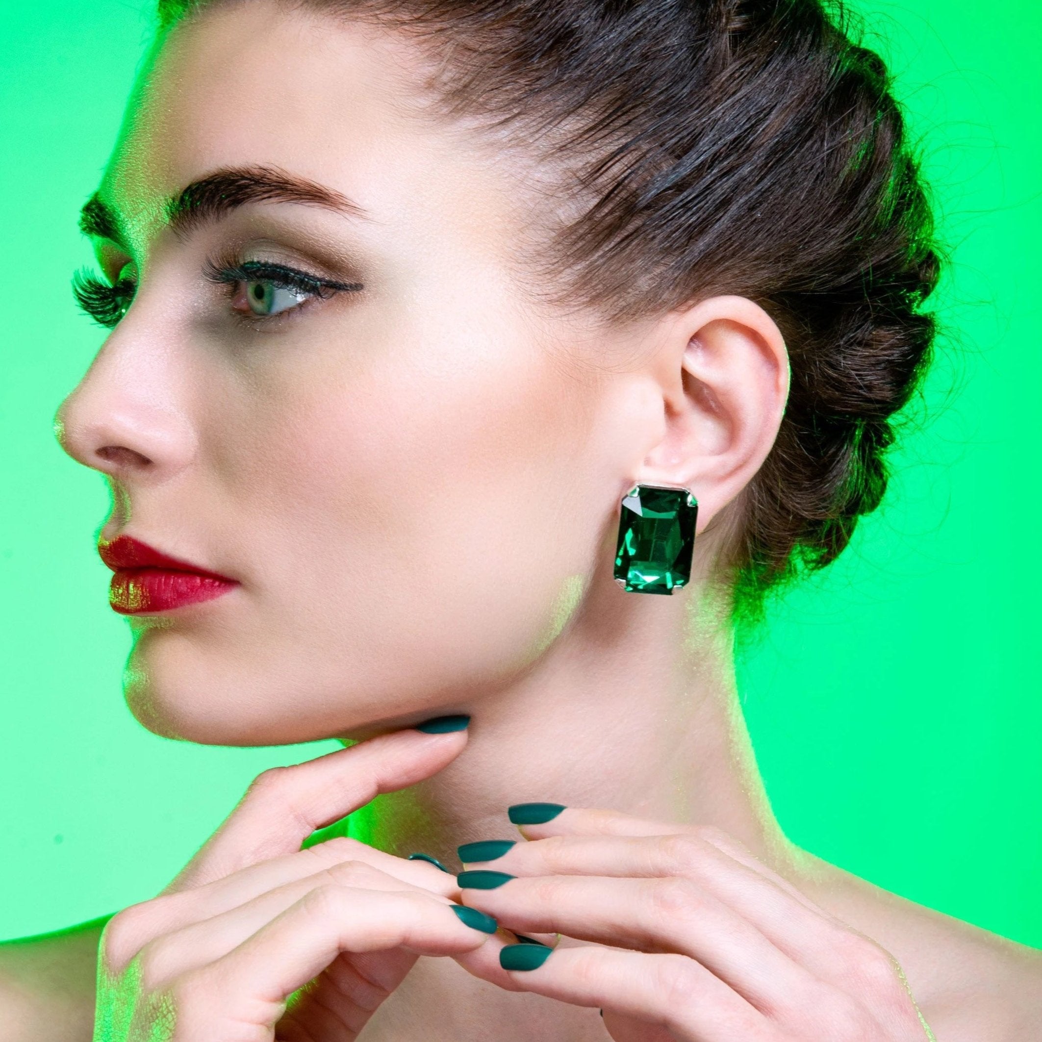 Emerald Green Octagon Stud Earrings 27mm with Austrian Crystal