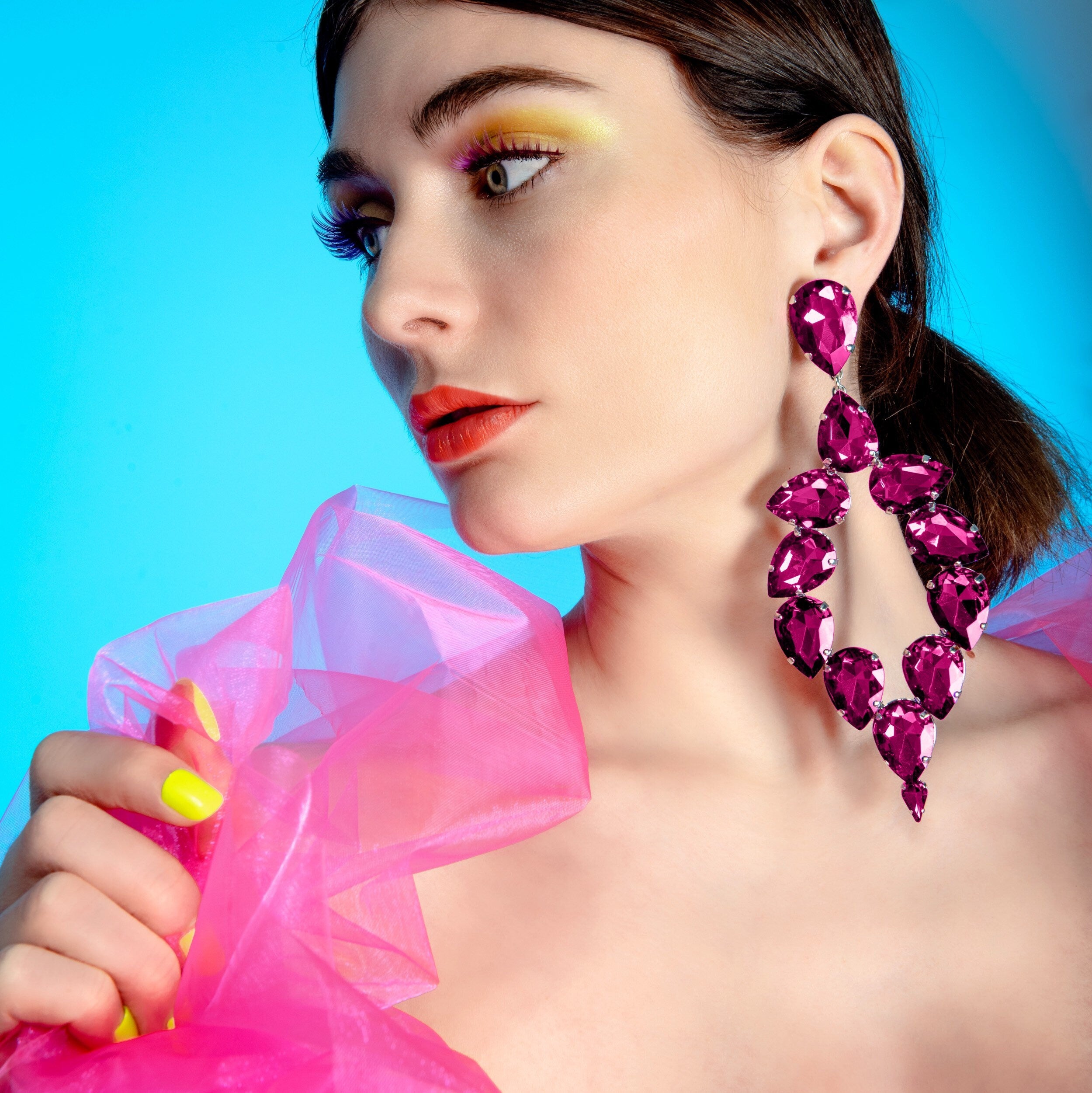 Dramatic Fuchsia Pink Dress Earrings With Austrian Crystal