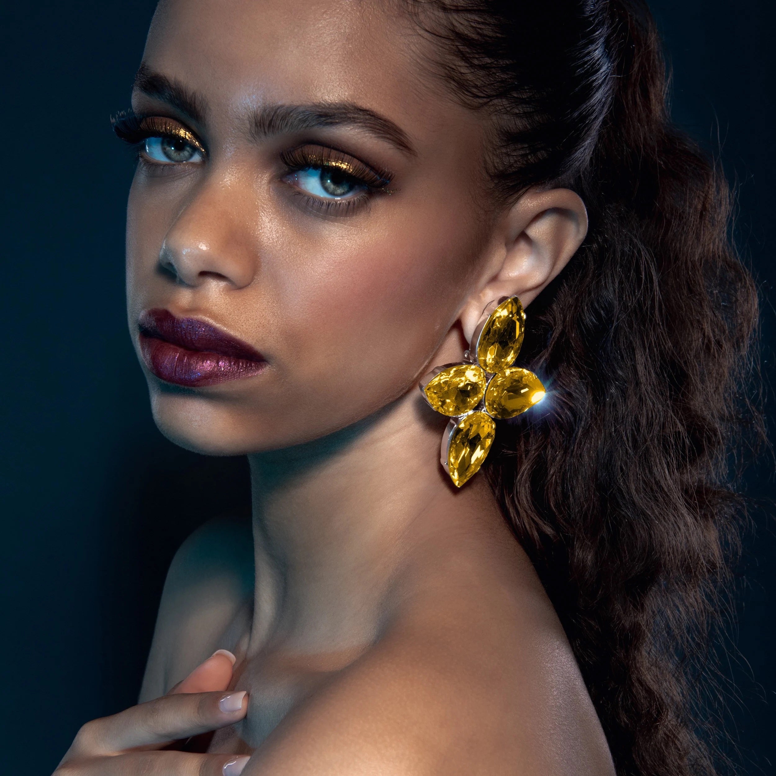 Golden Yellow Cluster Earrings With Austrian Crystal