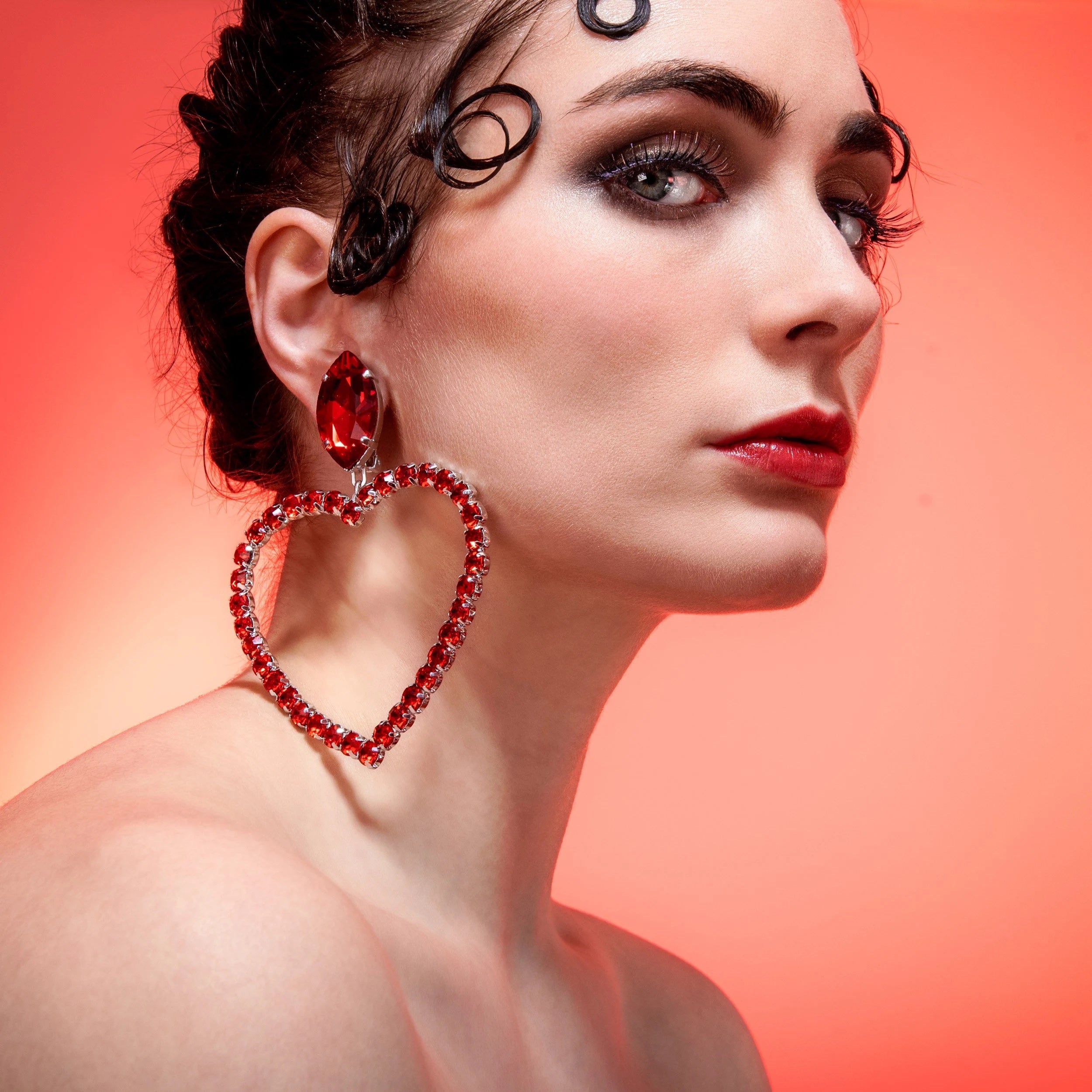 Ruby Red Large Heart Hoop Earrings With Austrian Crystal