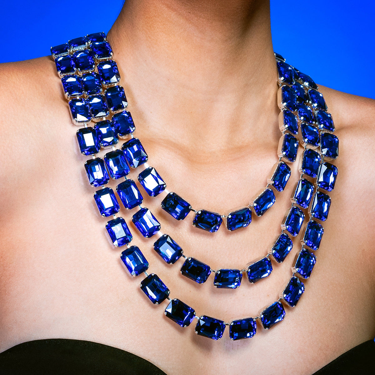 Sapphire blue crystal multi-strand chain necklace
