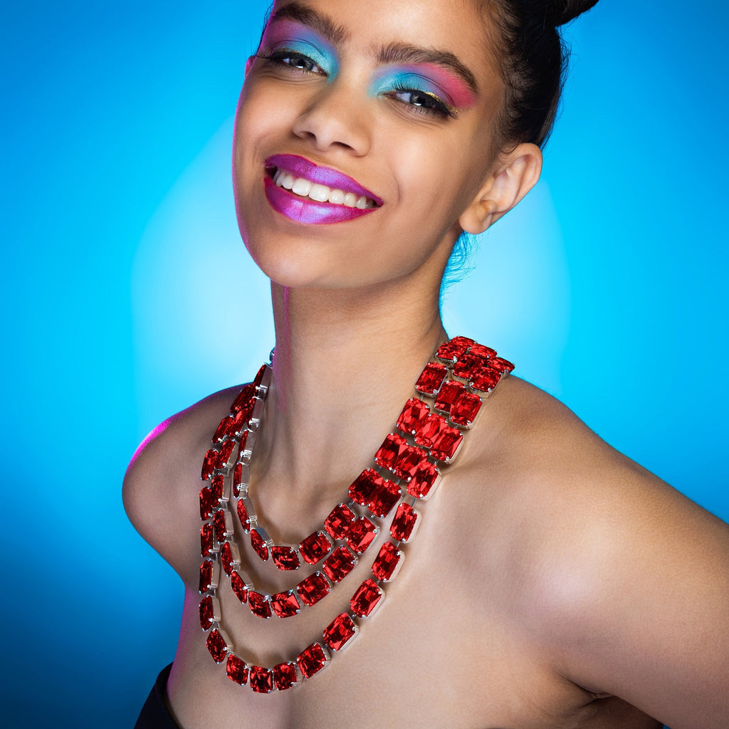 Ruby red triple row Austrian crystal statement necklace