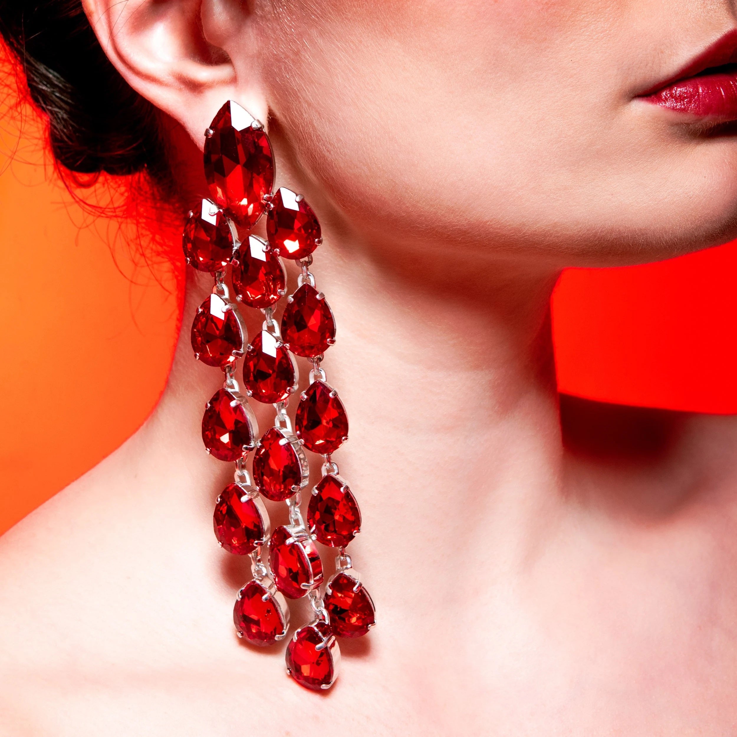 Dramatic  Ruby Red & Clear Statement Chandelier Earrings