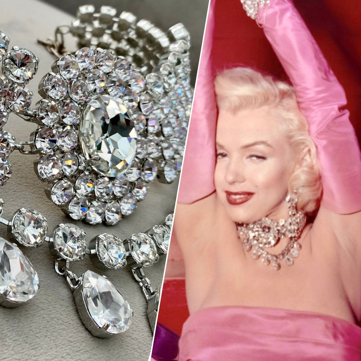 marilyn monroe staged jewels necklace showcased against marilyn monroe wearing real necklace