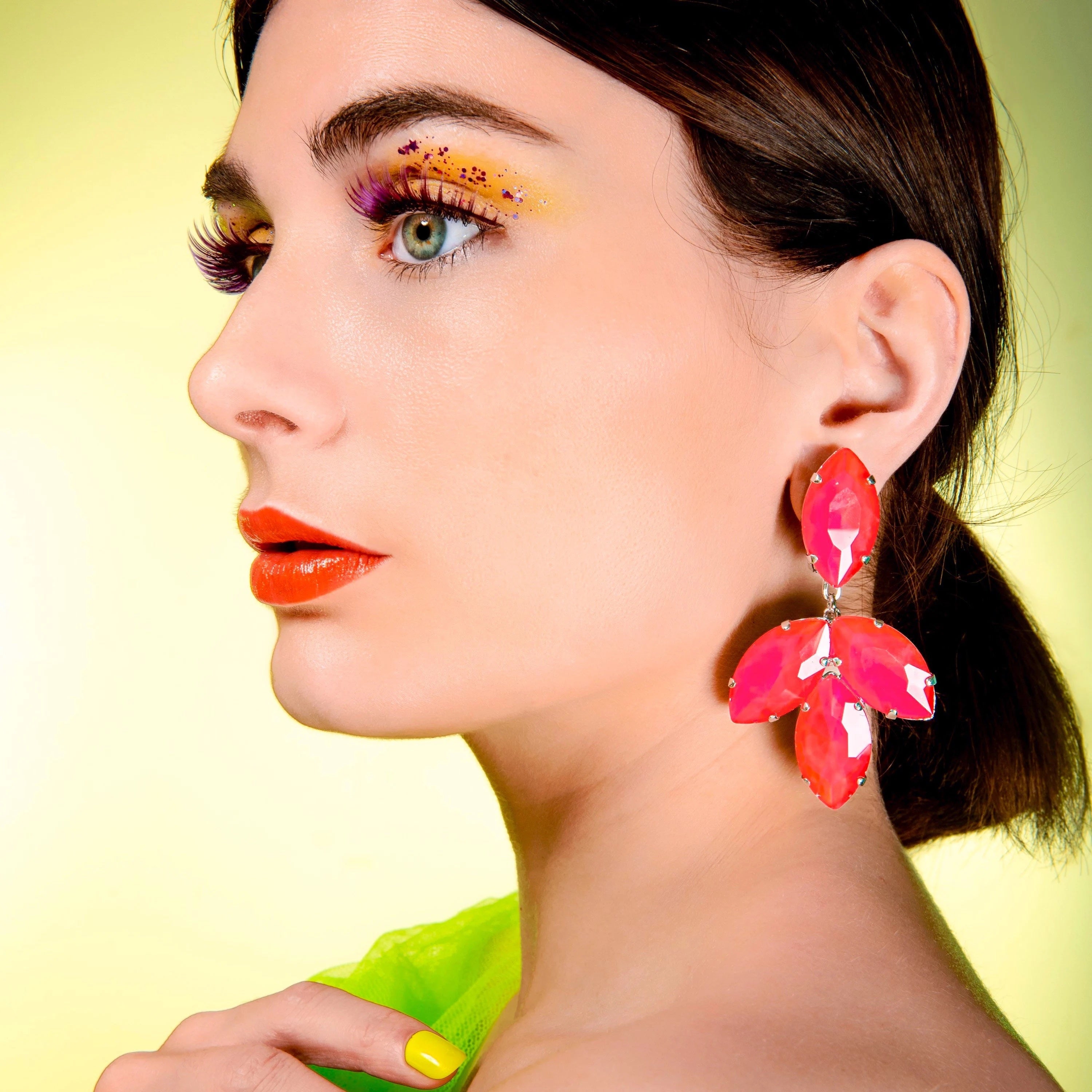 Neon Pink Crystal Dropper Earrings With Austrian Crystal