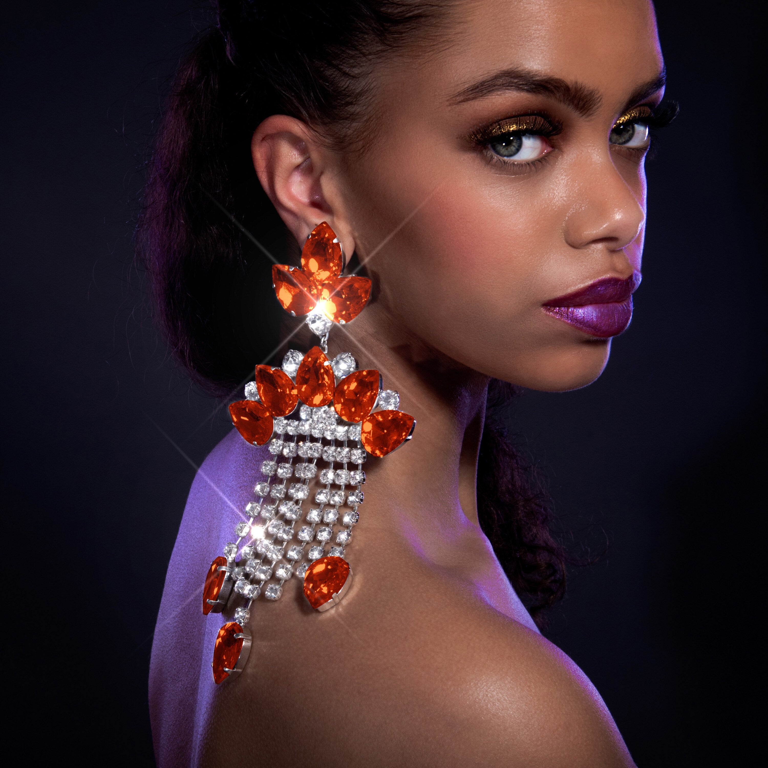 XL Fireopal Orange Statement Drop Earrings With Austrian Crystal