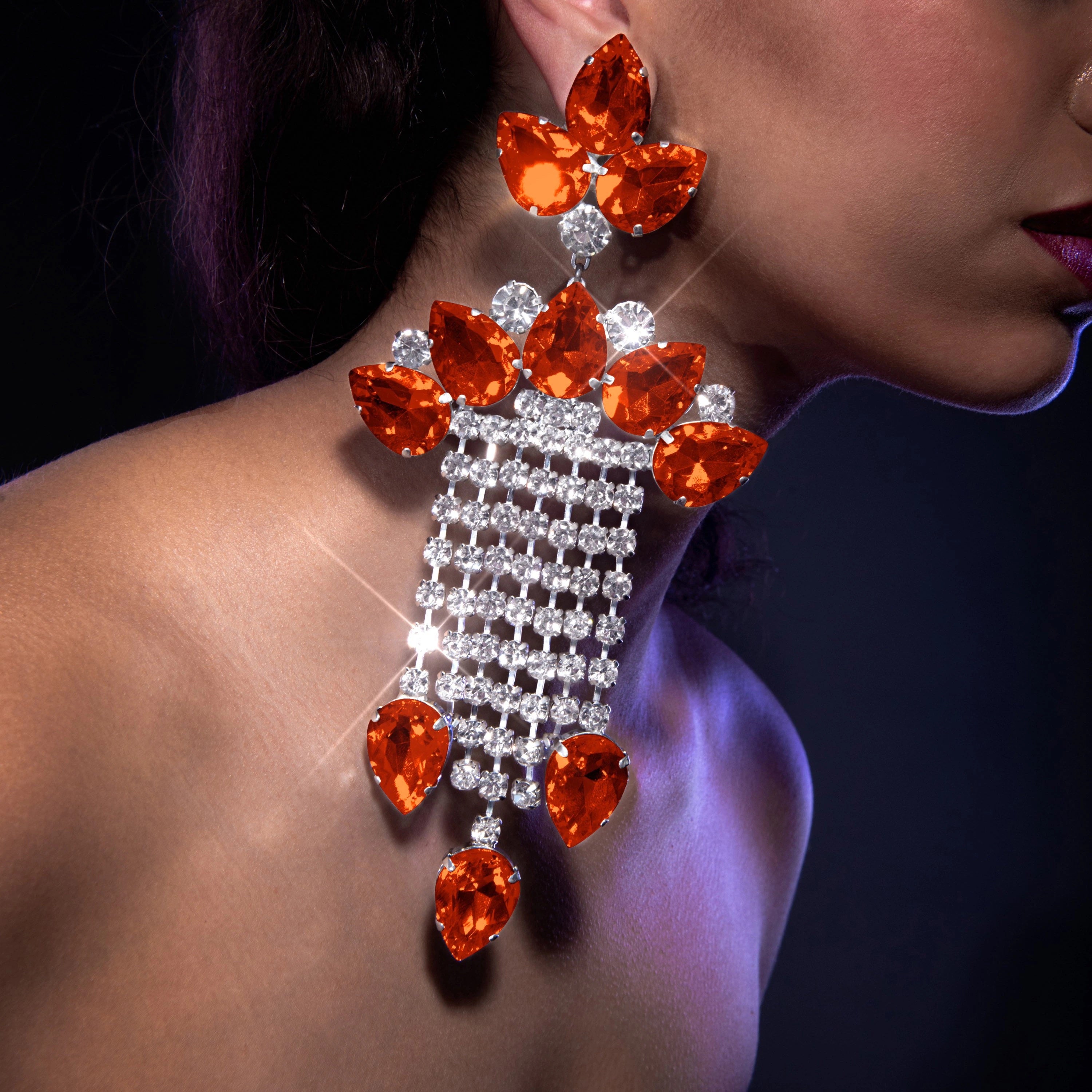 XL Fireopal Orange Statement Drop Earrings With Austrian Crystal